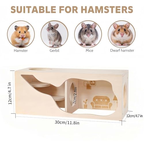 Marchul Magnetic Hamster Hideout Wooden House Chamber for Small Animals Pets Tunnel Exploring Toys for Dwarf Hamsters, Syrian, Gerbils, Hedgehogs, Rats, Mice (Living Room)