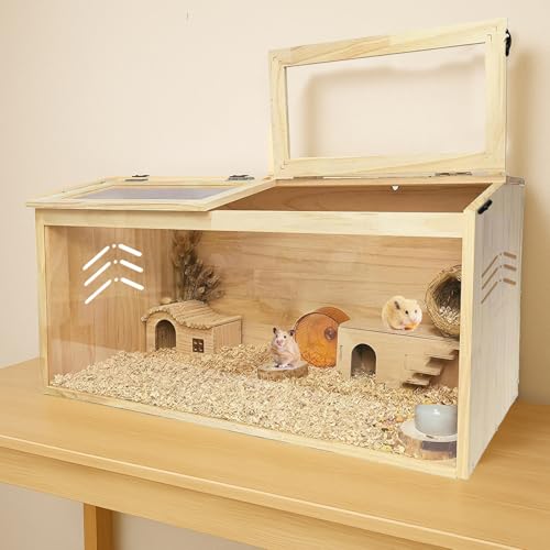 Wooden Hamster Cage, Large Hamster Habitats Enclosure Tank with Lock, Acrylic Sheet & Openable Top, Small Animal Cage for Chinchilla, Guinea Pig, Gerbil 40'' l