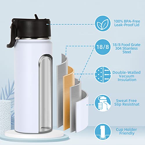 Volhoply 18oz Kids Insulated Water Bottle,Stainless Steel Water Bottles with Straw Lid,Wide Mouth Reusable Metal Water Bottle,Double Wall Vacuum Sports Travel Flask For Cold Drink(White,1 Set) - color: White