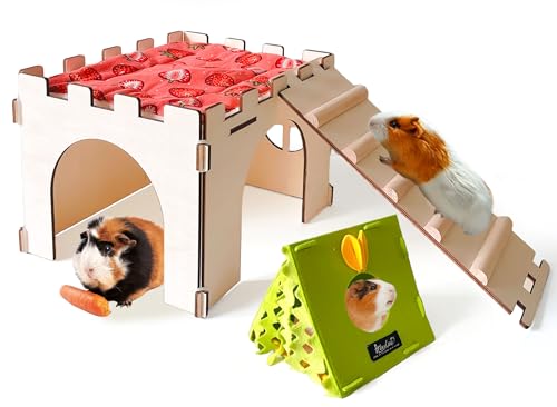 Guinea Pig Hideout,Large Wooden Guinea Pigs House with Stairs and Mats,Detachable Guinea Pig Castle Hide for Small Animals Hamster Chinchilla Ferret Habitats Accessories - size: 1 House