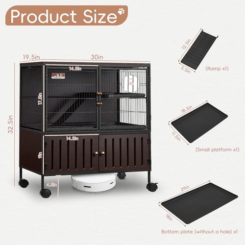 HABUTWAY 36.5''H Metal Large Ferret Cage, Rolling Chinchilla Cage with Removable Ramps& Double Door, with Locker, Small Animal Cage, Rat Indoor Wooden Pet Crate Furniture