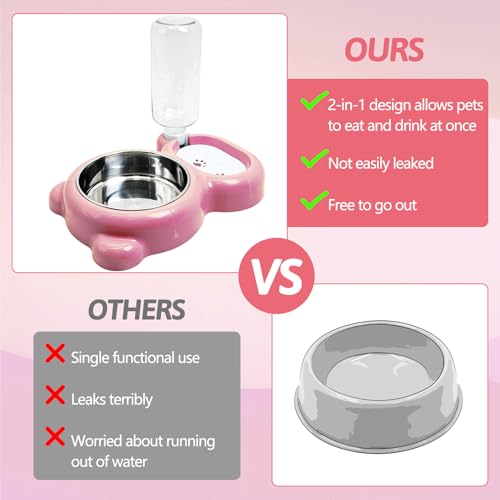 Rabbit Double Bowls Bunny Automatic Water Dispenser Detachable Stainless Steel Bowl No-Spill Water Bottle Food Feeder for Small Animals Bunny Squirrel Cat Puppy Chinchilla - color: Pink