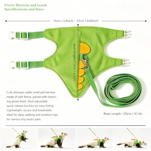 Ferret Harness Leash with Carrier Set，Small Animals Vest Harness, Dinosaur Shaped Leash Set, Semi-Circular Bag for Rabbit Guinea Pig Teacup Chihuahua Mouse and Other Small Pet (Green)