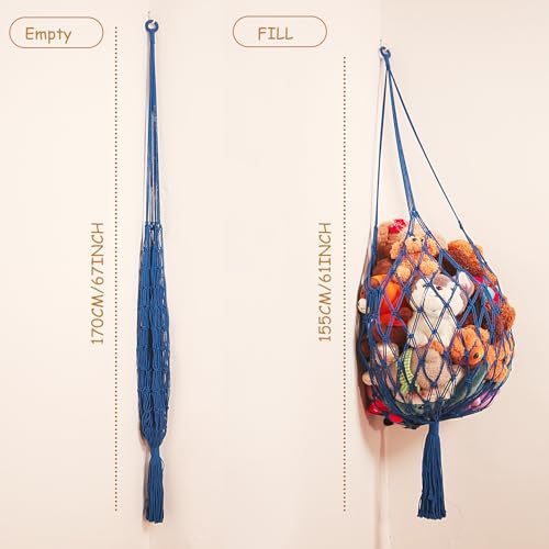 Stuffed Animal Storage Hammock Corner Hanging Net Stuffy Animal Hammock Macrame Toy Display Plush Toy Holder for Kid Bedroom Decor Boho Nursery Playroom Organizer (Blue) - color: Blue