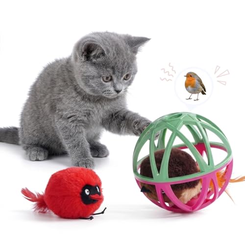 Cat Toys for Indoor Cats - Interactive Ball Cage Cat Toy with Realistic Bird Sounds & 2 Catnip Plush Toys, Motion-Activated Hunting Simulation Toy for Cats - color: Red