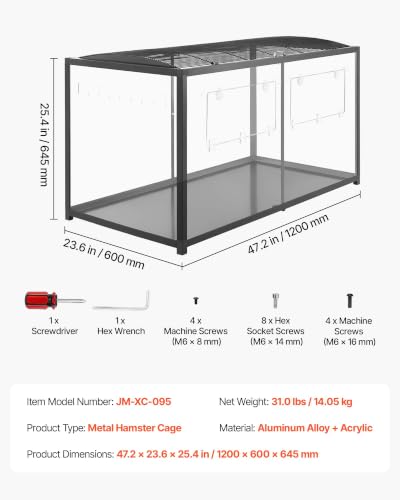 VEVOR Hamster Cage 47.2"x23.6"x25.4" 360° Viewing Metal Hamster Habitat, Transparent Small Animal Cage with Top Access & Front Door, Large Portable Pet House for Guinea Pig, Gerbil (7.7 ft², Black) - size: 47.2"L x 23.6"W x 25.4"H
