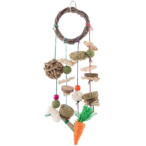 SunGrow Cage Hanging Rabbit Chew Toy, Handwoven Space-Saving Enclosure Accessory, Wooden Discs, Loofah Slices, Grass Ball & Compressed Hay, for Bunnies, Guinea Pigs, and Chinchillas, 17” x 7”, 1 Set