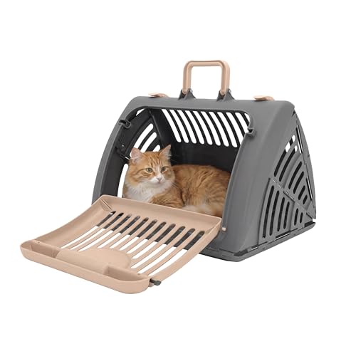 SportPet Designs Foldable Travel Cat Carrier - Front Door Plastic Collapsible Carrier, Gray and Tan, Medium (Pack of 1) - color: A) Large Carrier (Tan & Gray)