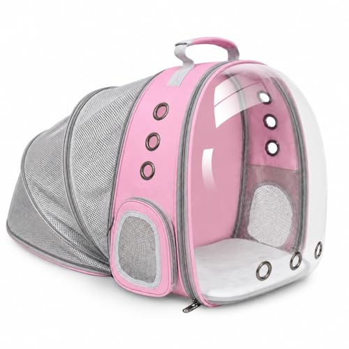 Expandable Cat Carrier Backpack with Bubble Window, Pink | Breathable mesh, anti-collapse frame, side door, safety leash and escape-resistant zippers for vet visits and outdoor travel. - color: Pink