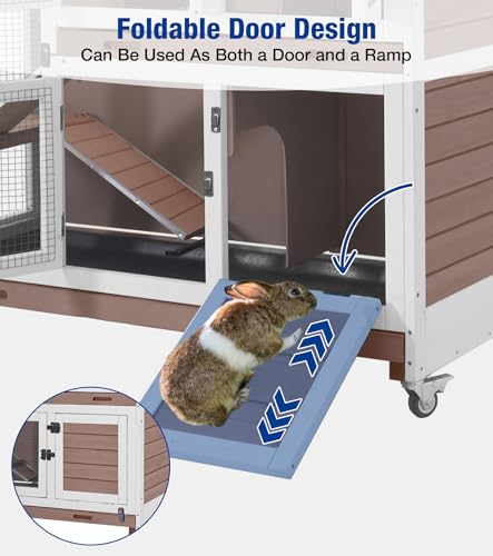 2-Story Rabbit Hutch with Wheels, Bunny Cage with Two Deepened Leak-Proof Trays, Indoor Outdoor Guinea Pig Cage with Waterproof Asphalt Roof - Brown - color: 44"L Milk Coffee