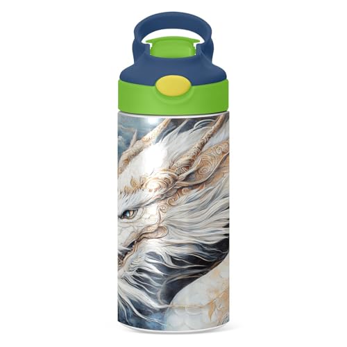 OTVEE White Dragon Kids Water Bottle with Straw Lid 12 oz Insulated Stainless Steel Leakproof Duck Mouth Tumbler Cup for Boys Girls Teen School - color: White Dragon