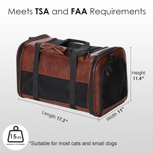 Fashion Dog Carrier Pet Carrier Airline Approved Cat Carrier for Small Dogs Cats Under 15 Lbs, Vegan Leather Collapsible Soft Sided Travel Puppy Carrier - color: Saddle Brown