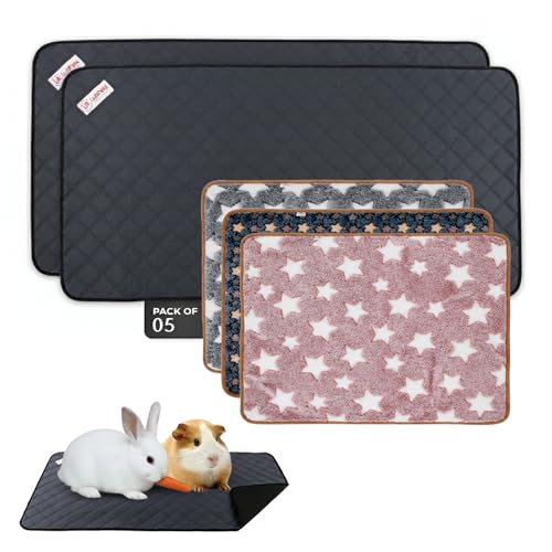 LUFTPETS Guinea Pig Cage Liners 5 Pcs, Washable Midwest Pads & Fleece Mats | 2 Absorbent Bunny Pee Pads 47x24, 3 Fleece Blankets. Hay Shakes Off. Non-Slip. Waterproof Rabbit Bedding - size: Midwest 5 Pack