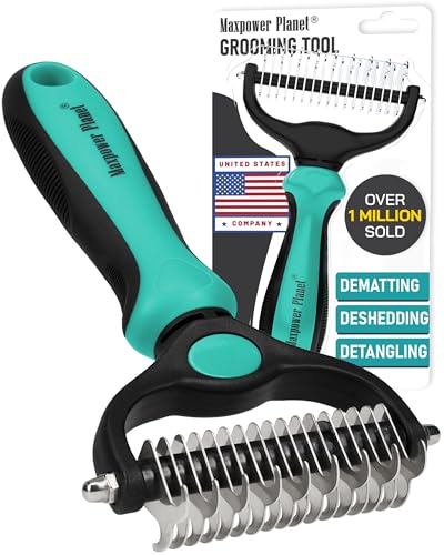Maxpower Planet Hair Brush - Double Sided Shedding, Dematting Undercoat Rake for Dogs and Cats - Extra Wide Dog Grooming Brush, Reduce Shedding by 95%, Turquoise | Turquoise, Undercoat Rake, Detangling Comb, 9/17-Teeth Dual-Sided, Cats, Anti-Slip Handle,