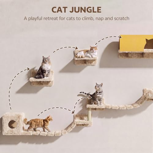 16-in-1 Cat Wall Shelves, Cat Furniture w/Tunnel & Bridge, Beige | Wall Mounted Cats Shelf Set with Plush Fabric, Cat Climbing Wall Systems for 16 Inch Drywall, with Scratching Posts, Condos - color: Beige, size: 16-in-1