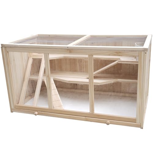 Wooden Large Hamster Cage, 3 Tier Small Animal Habitat with Tray, Natural Wood Exercise Play House for Hamsters
