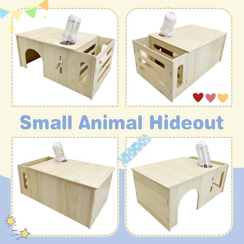 Hamiledyi Guinea Pig Hideout with Hay Feeder and Water Bottle Natural Wooden Chinchilla House Bunny Castle Small Animal Hideout for Rabbit Chinchilla Bunny and Guinea Pig