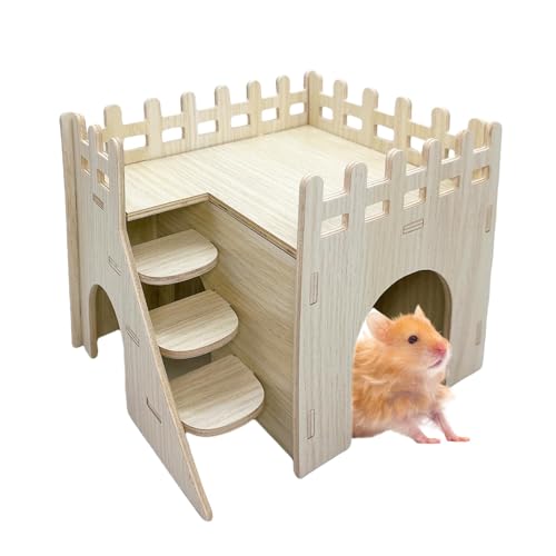 Hamster Wooden House Hamster Hideout Hut Maze Cage Accessories with Ladder and Platform for Syrian Hamsters Dwarf Gerbil Mouse