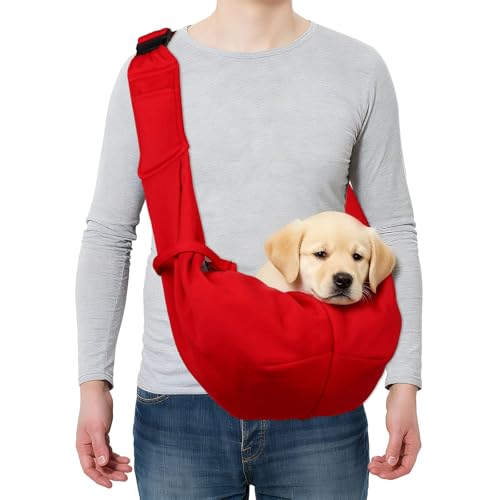 Dog and Cat Sling Carrier Up to 16.5 Lbs, Hand-Free Reversible Pet Sling Carrier with Adjustable Strap and Pocket, (Red, 1 Pcs) Intended for Hiking/Camping/Traveling - color: Red