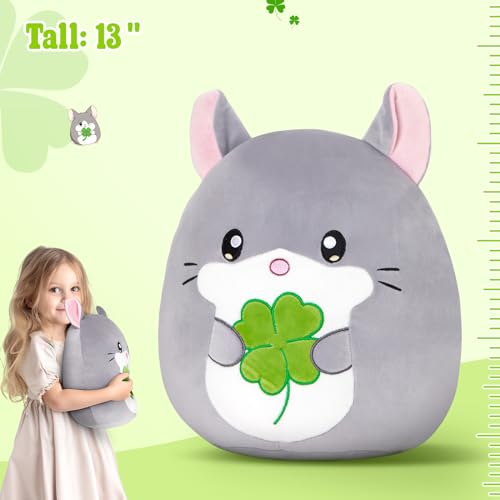 13-Inch Chinchilla Plush Pillow with Four-Leaf Clover, Ultrasoft Grey Chinchilla Stuffed Animal Toy Hugging Throw Toy Gifts for Bedding, Kids Sleeping Kawaii Pillow - color: Chinchilla