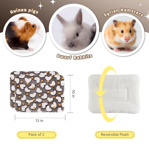 2 Pcs Bunny Bed, Washable Rabbit Bed, Double-Sided Fleece Sleeping Pad for Guinea Pig, Dwarf Rabbit, Chinchilla, Ferret, Hamster, Warm Small Animal Cage Mat, 13x10in, Brown Heart - color: Brown Heart