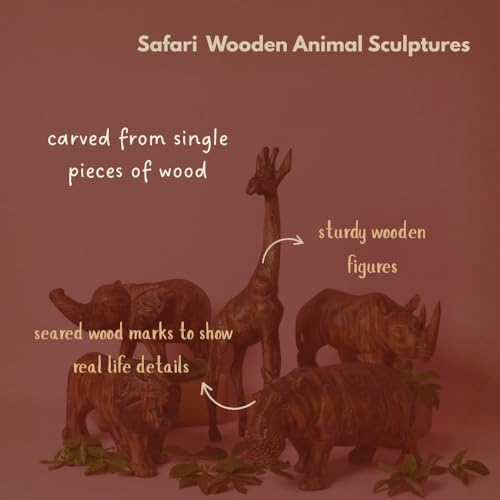 Large Wood Animal Sculptures Set for Room Decor, Giraffe, Hippo, Rhino, Lion and Elephant Statues, Brown - size: Set of 5
