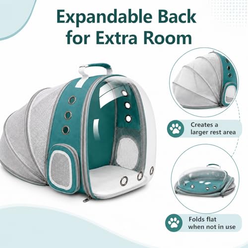 Expandable Cat Carrier Backpack with Bubble Window, Green | Breathable mesh, anti-collapse frame, side door, safety leash and escape-resistant zippers for vet visits and outdoor travel. - color: Green