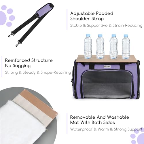 Pet Carrier for Cats & Small Dogs, Travel Carrier with Anti-Collapse Support, Chew Resistant Buckles, Luggage Sleeve, Multi-Pocket Storage, Reversible Mat & Bowl (Purple, Medium (17.5"x11"x11.5")) - color: Purple