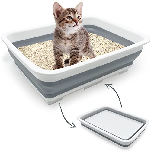 Fhiny Open Cat Litter Box, Kitten Potty Pan Semi-Enclosed Foldable Waterproof Travel Toilet for Indoor Cats Small Pet Kitty Rabbit Supplies Easy to Clean and Assemble 14.6"×10.6" - color: Grey-S