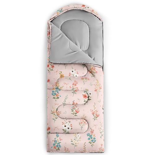 QOOMO Camping Sleeping Bags,3 Season Warm & Cool Weather,Lightweight,Waterproof Sleeping Bags for Adults & Kids,Traveling,and Outdoors,Camping Gear Equipment - color: Pink Floral 4