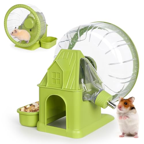 VANNON 4 in 1 Quiet Hamster Exercise Wheel, Multi Functional Hamster House with Running Wheel, Water Bottle, Food Bowl and Hideout, Small Animals Exercise Running Toys for Hamsters Gerbils Mice, Green - color: Green