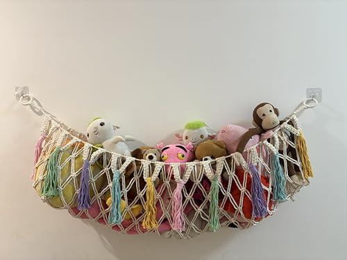 Bohemian Stuffed Animal Hammock, 51" Large Toy Storage Net for Plush Toys, Kids Room & Nursery Wall Hanging Organizer, Macrame Corner Storage, Baby Girl Room Decor Gift.