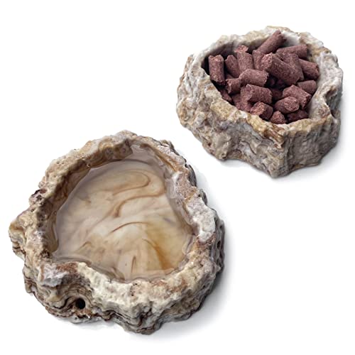 AcceLeah 2 Pack Reptile Food Bowls for Leopard Gecko Lizard Spider Scorpion | Reptile Water and Food Bowls with Tongs Imitating Natural Rock Breadworm Feeding reptile food bowl、reptile water dish - color: 2 Pcs light color