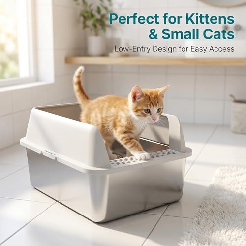 Suzzipaws Enclosed Stainless Steel Sifting Litter Box for Pine Pellets | 17.3”×13.4”×10.5” Stainless Steel Litter Box with Lid, Low Entry for Kittens & Small Cats, Anti-Leakage, Easy Cleaning