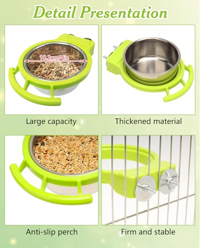 BNOSDM 2 PCS Bird Feeding Dish Cups with Perch Stand Hanging Stainless Steel Bird Bowls Food Container Food and Water Bowls with Spoon for Budgie Cockatoo Finch Lovebirds Pigeons (Green&White) - color: 2 Pcs Green & White