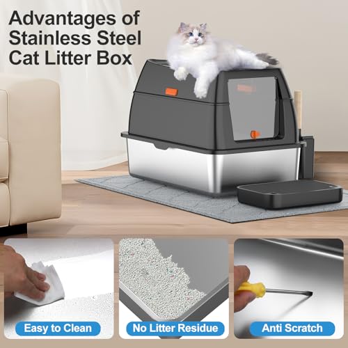 Stainless Steel Litter Box with Lid,Front Entry Top Exit Kitty LitterBox,Extra Large Enclosed Metal Cat Box with Litter Scoop & Litter Mat-Black - color: Black
