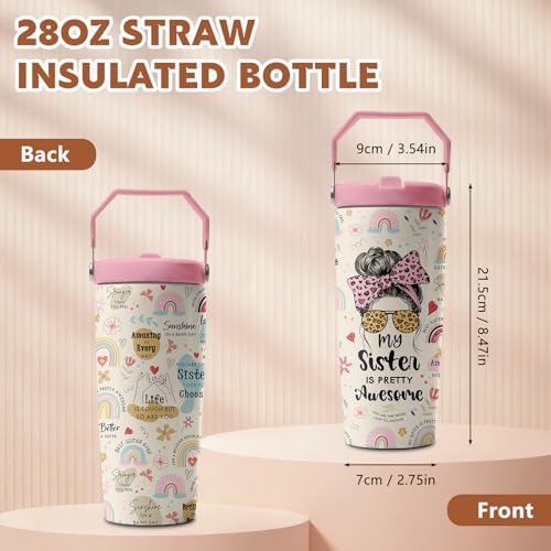 Sister 28 oz Tumbler, with Handle Lid Straw, Stainless Steel Cup | 28oz Insulated Tumbler, My Sister Is Pretty Awesome Travel Water Bottle, Thanksgiving Christmas Birthday Gift for WomenFamily - color: Sister