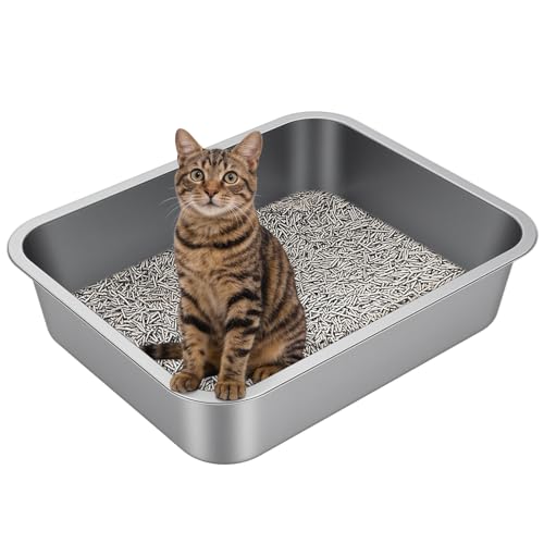 Large High Sided Stainless Steel Cat Litter Box | Sturdy Metal, Odor-free, Cat Litter Non-stick and Easy to Clean, Ideal for Indoor Cats, Kittens and Multicat Houses - size: 19.69"L x 13.78"W x 3.94"H