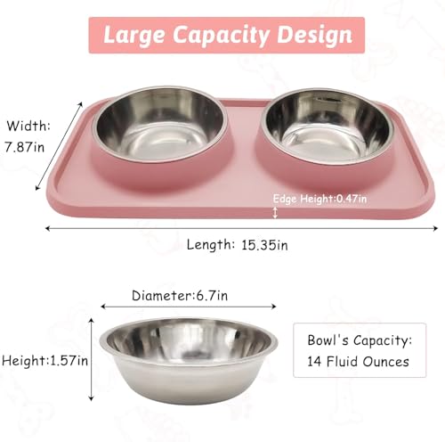 BNOSDM Double Dog Food Bowls Stainless Steel Dog Food and Water Bowls with Non-Spill Plastic Mat Pet Cat Feeder Bowl Set for Puppy Cats Kitten Small Medium Dogs Pink - color: Pink