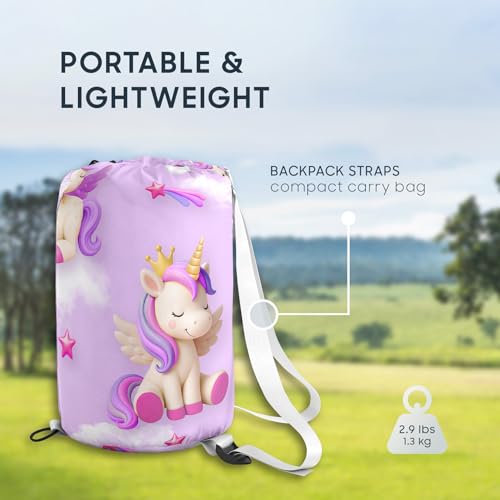 Wake In Cloud - Kids Sleeping Bag for Girls Toddlers, Camping in Warm Cold Weather, Backpacking Lightweight Compact Outdoor Liner for 3 Seasons, 3D Winged Unicorns