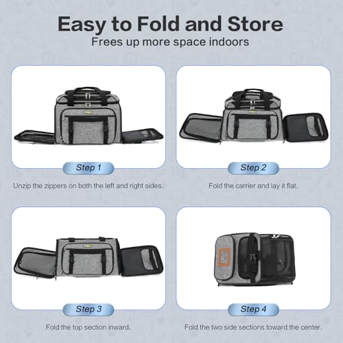 Airline Approved Travel Soft Carrier for Small cat/Dog/pet | Collapsible with Expandable Top and Sides. Kitten Mesh Puppy Carry Bag,18x11x11Delta/ United/American Airlines - color: grey