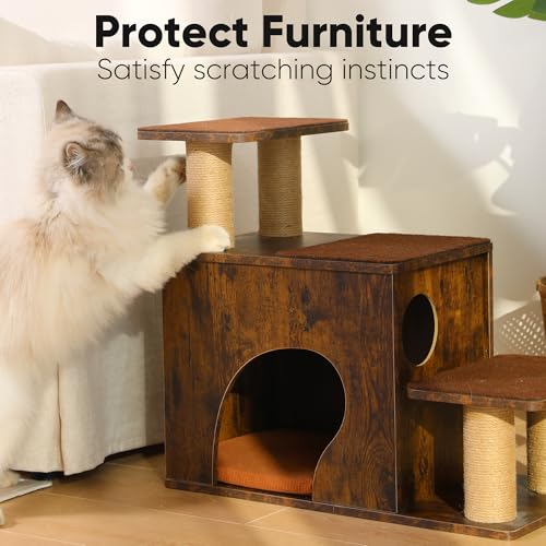 FUKUMARU 3-in-1 Pet Stairs, Retro-style Dog Steps for Cats and Small Dogs, Wooden Cat Stairs for High Bed with Scratching Post, Dog Ramp for Couch with Cat Condo Cave, Easy to Clean & Aesthetic Design - color: Brown