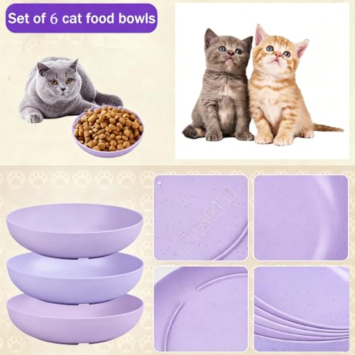 Shallow Cat Food Bowls 6pk Wide Flat Plastic Slow Feeder Pet Bowls | Wide shallow plastic cat bowls 6pk, anti-vomiting slow feeder, easy clean for wet dry food, for kittens small indoor dogs - color: purple