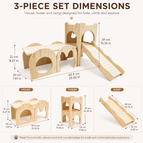 Large Bunny Hideout Wooden Bunny House with Ramp Rabbit Castle(Set of 3) | solid wood guinea pig hideout chinchilla house with detachable panels,rabbit hide with ramp hideaways and climbing areas - style: Set of 3