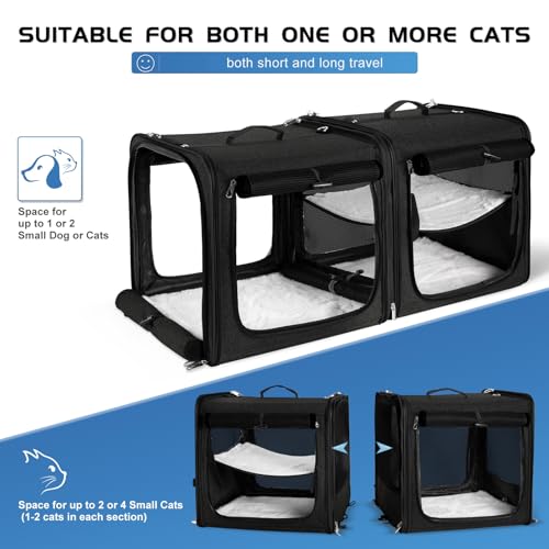 Extra Large Cat Carrier for 2 Cats with Travel Litter Box, 2-in-1 Foldable Soft Pet Car Travel Carrier with Zipper Locks for Multiple Cats Small Dogs Up to 45 Lbs, Black - color: Black