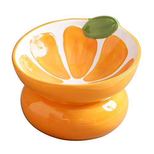 Cute Ceramic Raised Cat Food Bowl, Orange Shaped Cat Dish | Elevated Design, Fruit Themed, Anti Vomiting, Tilted Feeding, Indoor Cats - color: Yellow