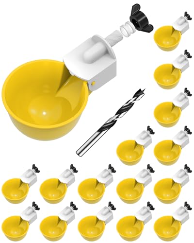 Chicken Waterer Cups (16 Pack) with 3/8" Drill Bit - Yellow | Automatic Poultry Drinker Feeder Kit for Chickens, Ducks, Turkeys, Quail, Bunnies | DIY Gravity Fed Bucket Water Dispenser - color: Yellow, size: 16 Pack + Drill bit