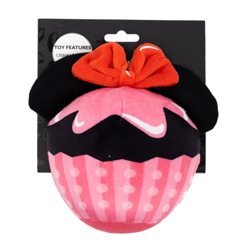 Buckle-Down Disney Squeaky Plush Dog Toy for Large, Medium & Small Dogs, Minnie Mouse Cupcake with Ears and Bow, 3.5" x 4.5"