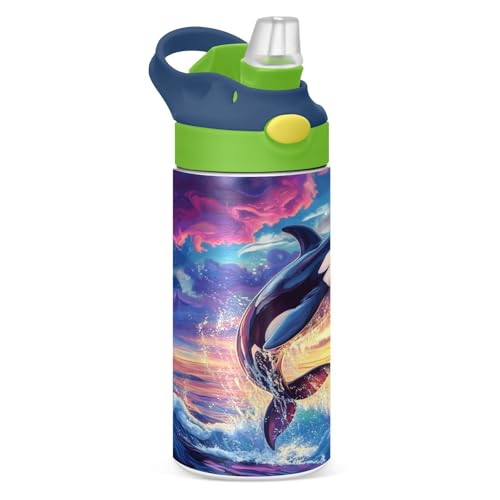OTVEE Orca Whale Kids Water Bottle with Straw Lid 12 oz Insulated Stainless Steel Leakproof Duck Mouth Tumbler Cup for Boys Girls Teen School - color: Orca Whale