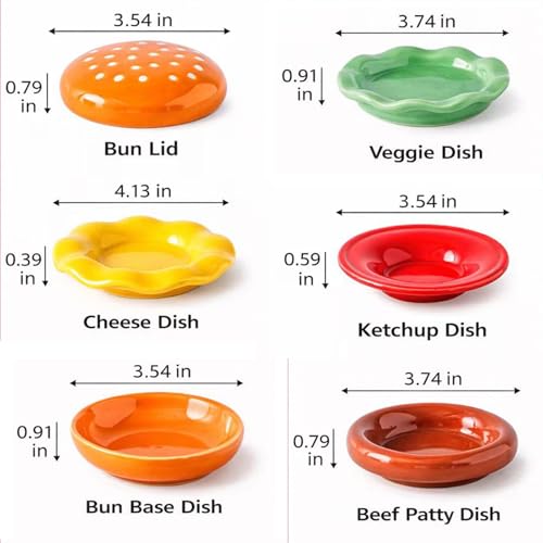 6-Piece Stackable Ceramic Burger Plate Set for Sauces & Dips | Burger-shaped layers for condiments, dips, sushi soy sauce, BBQ snacks; dishwasher and microwave safe